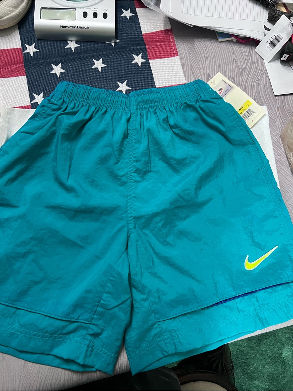 Vintage Nike Women’s Small Teal Nylon Running Shorts NWT Vented Tribal Trim Y2K